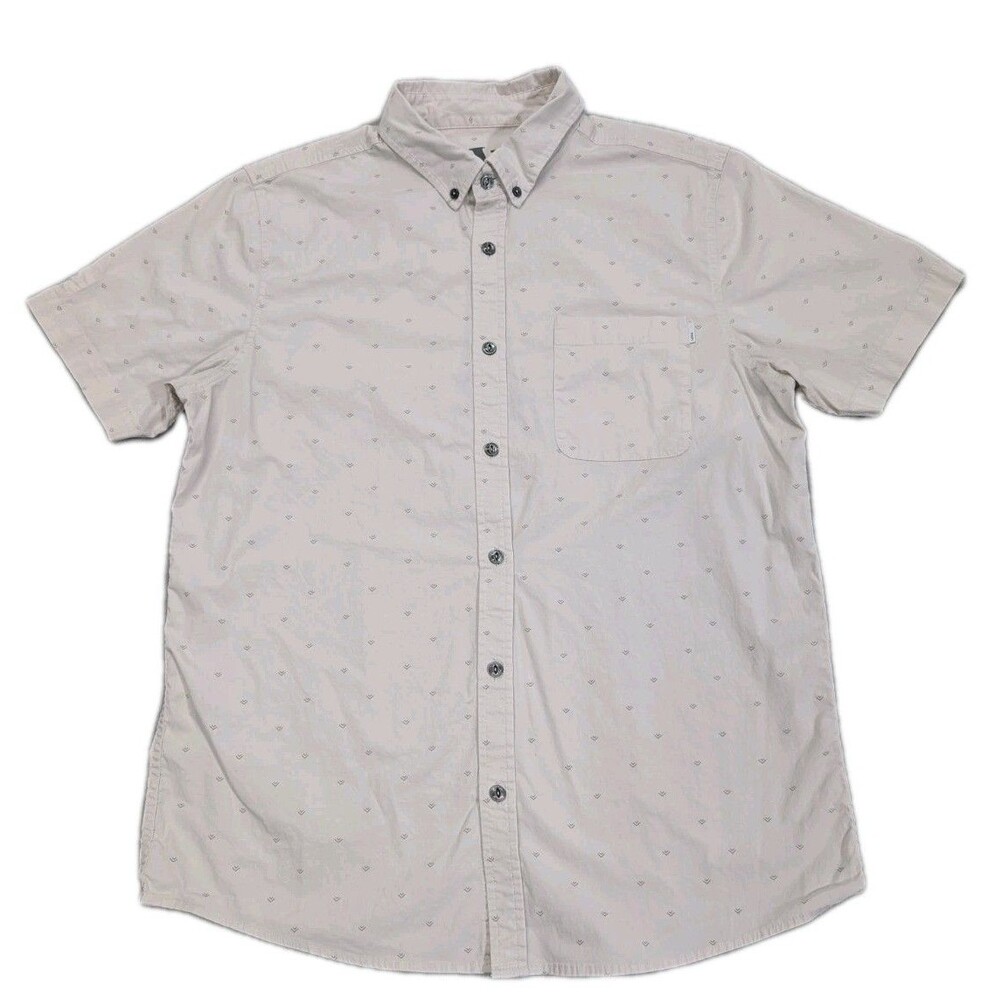 Vuori Ace Button Down Shirt Mens M Khaki Cream Micro Geometric Stretch V150